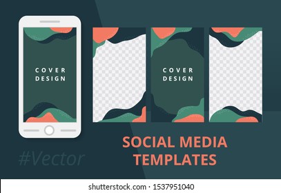 Trendy editable social media stories templates with green organic wave. Minimal design layout. Modern funny background for social networks stories, sale banner, coupon, web design. Vector illustration