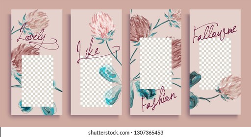 Trendy editable spring stories templates  with gold flowers, vector illustration. Design backgrounds for social media stories. 
