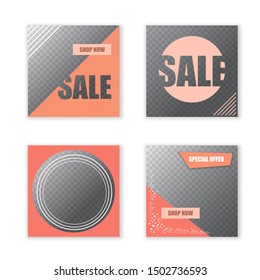 Trendy editable square posts with button and place for photo design template set. social media design collection.