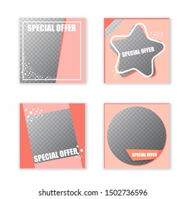 Trendy editable square posts with button and place for photo design template set. social media design collection.