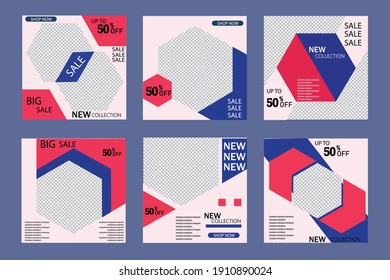 Trendy editable square template set for social networks posts with blue and red color, vector illustration.