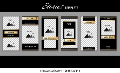 Trendy editable Stories template, gold frame on black rectangles.  luxury design for social media network. Vector illustration stock.