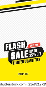 Trendy editable stories template. One day flash sale up to 35 percent off limited quantities vector illustration. Social media story 24h sale template with copy space. Online shop marketing promotion