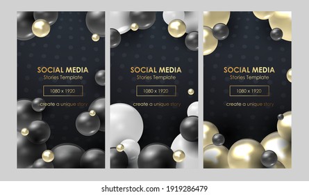 Trendy editable Stories template. Stories sale banner background, template with glass spheres. Vector Layouts for social media.