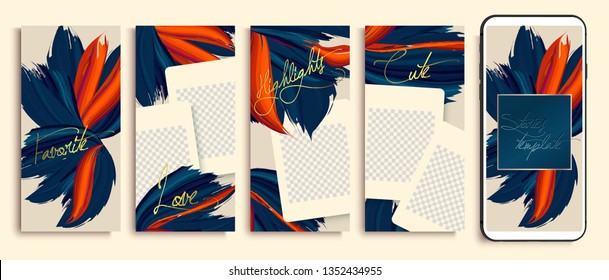 Trendy editable stories templates with blue and orange flowers, vector illustration. Design backgrounds for social media stories. instagram highlight covers. Insta fashion.  instagram layout
