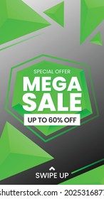 Trendy editable story template with 3d triangle shapes in green color. Story template with gradient background.