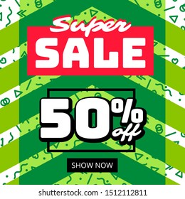 Trendy editable template for design of social network, story and print. Super sale 50 percent. Green background.