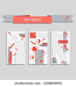 Trendy editable template for romantic stories. Gentle backgrounds for social networks, story instagram in trendy colors  with living coral colors. Set.