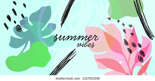 Trendy editable template for social banners, posters, flyers background. Summer theme with abstract shapes and tropic or exotic leaves or plants. Summertime tropical jungle vector illustration. 
