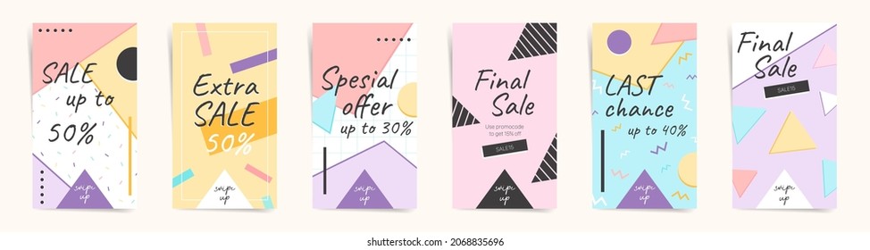 Trendy editable template for social media networks stories. Vector modern geometric abstract shapes, triangles and memphis elements. Geometric story post template kit for promo sale marketing.