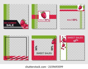 
Trendy editable template for social media stories and posts, vector illustration with strawberries in pink and green colours. Background design for social networks.