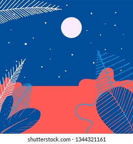 Trendy editable template for social network message in the style of flat. Design floral background for booklet, cards, invitation, brochure. The moon in the starry sky.