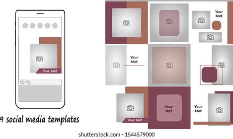 Trendy editable template for social network message, vector illustration. Design backgrounds for social media. Autumn set, brown, burgundy, cherry, wine color.