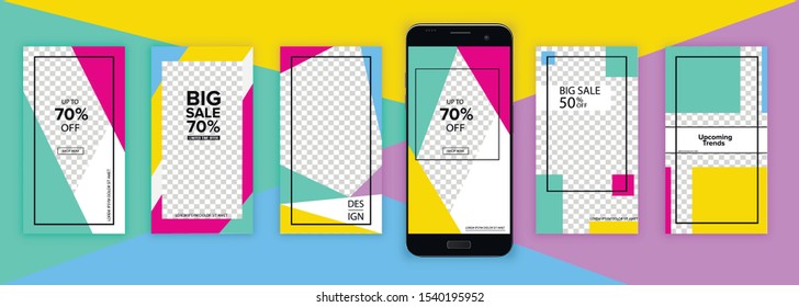Trendy editable template for social networking stories, vector illustration. Background design for social networks. Set of modern abstract vector banners. Flat geometric shapes for phones.
