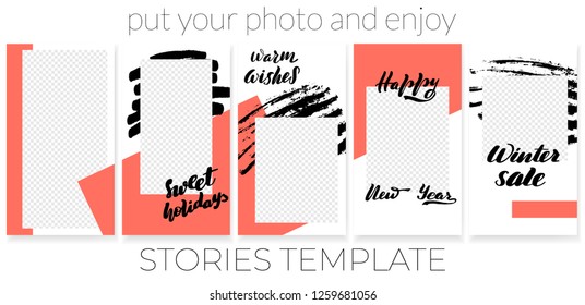Trendy editable template for social networks stories, vector illustration. Design backgrounds for social media. Inscriptions sweet holidays, warm wishes, happy new year, winter sale.