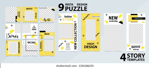 Trendy editable template for social networks stories and posts, vector illustration. Set of story and puzzle post square frame. Mockup for advertising.  Design backgrounds for social media