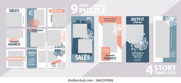 Trendy editable template for social networks stories and posts, vector illustration. Set of story and post square frame. Mockup for advertising.  Design backgrounds for social media.