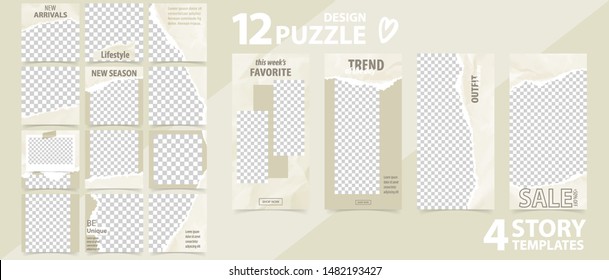 Trendy editable template for social networks stories and posts, torn paper, vector illustration. Set of story and post square frame. Mockup for advertising.  Design backgrounds for social me