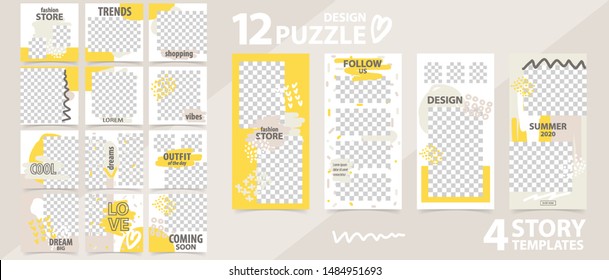 Trendy editable template for social networks stories and posts, vector illustration. Set of puzzle story and post square frame. Mockup for advertising.  Design backgrounds for social media.