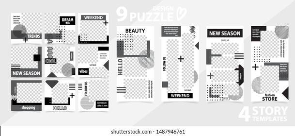 Plantilla de moda editable para historias y posts de redes sociales, ilustración vectorial. Conjunto de historia y marco cuadrado de puzzle post. Tragedia por publicidad.  Antecedentes de diseño para medios sociales.