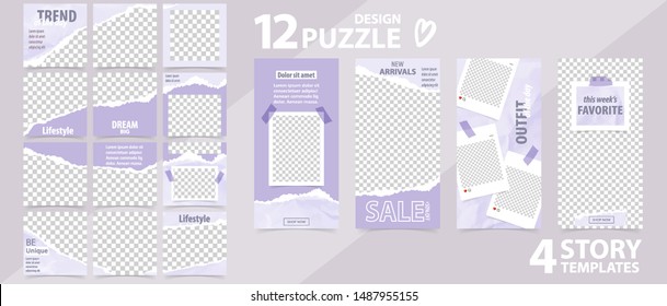 Trendy Editable Template For Social Networks Stories And Posts, Vector Illustration. Set Of Story And Puzzle Post Square Frame. Mockup For Advertising.  Design Backgrounds For Social Media