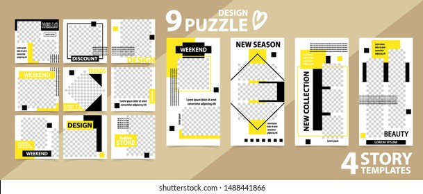 Trendy editable template for social networks stories and posts, vector illustration. Set of story and puzzle post square frame. Mockup for advertising.  Design backgrounds for social media.