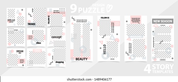 Trendy editable template for social networks stories and posts, vector illustration. Set of story and puzzle post square frame. Mockup for advertising.  Design backgrounds for social media.