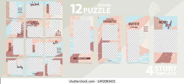 Trendy editable template for social networks stories and posts, vector illustration. Set of story and puzzle post square frame. Mockup for advertising.  Design backgrounds for social media.