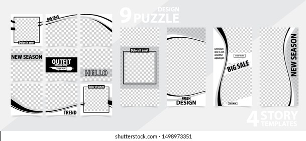 Trendy editable template for social networks stories and posts, vector illustration. Set of story and puzzle post square frame. Mockup for advertising.  Design backgrounds for social media.