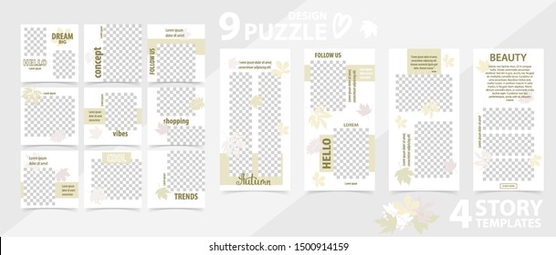 Modelo editável na moda para histórias e posts de redes sociais, ilustração vetorial. Conjunto de história e quebra-cabeça pós quadro quadrado. Montagem para publicidade.  Criar planos de fundo para mídias sociais.