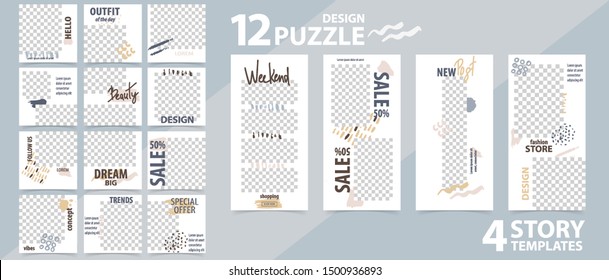 Trendy editable template for social networks stories and posts, vector illustration. Set of story and puzzle post square frame. Mockup for advertising.  Design backgrounds for social media.