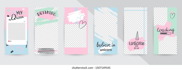 Trendy editable template for social networks stories, story, vector illustration. Design backgrounds with unicorn for social media.  Hand drawn abstract card.