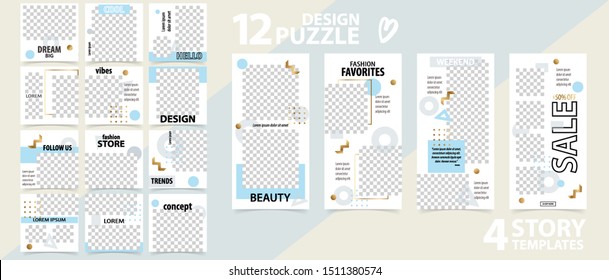 Trendy editable template for social networks stories and posts, vector illustration. Set of story and puzzle post square frame. Mockup for advertising.  Design backgrounds for social media.