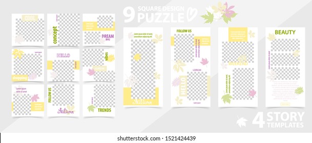Trendy editable template for social networks stories and posts, vector illustration. Set of autumn story and puzzle post square frame. Mockup for advertising.  Autumn backgrounds for social media.