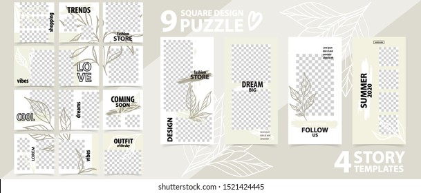 Trendy editable template for social networks stories and posts, vector illustration. Set of story and puzzle post square frame. Mockup for advertising.  Design backgrounds for social media.