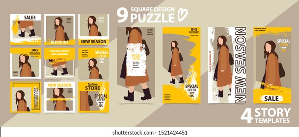 Trendy editable template for social networks stories and posts, vector illustration. Set of story and puzzle post square frame. Mockup for advertising.  Design backgrounds for social media.