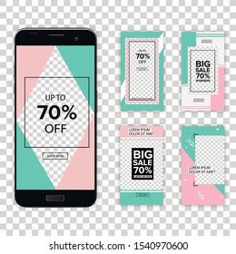 Trendy editable template for social networks on a mobile phone screen. Background design for social networks. Set of modern abstract vector banners. Flat geometric shapes for phones.