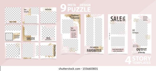 Trendy editable template for social networks stories and posts, vector illustration. Set of story and puzzle post square frame. Mockup for advertising.  Design backgrounds for social media.