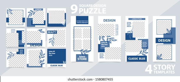 Trendy editable template for social networks stories and posts, vector illustration. Set of story and puzzle post square frame. Mockup for advertising.  Design backgrounds for social media.