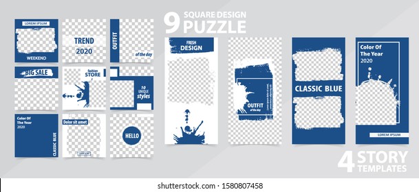 Trendy editable template for social networks stories and posts, vector illustration. Set of story and puzzle post square frame. Mockup for advertising.  Design backgrounds for social media.