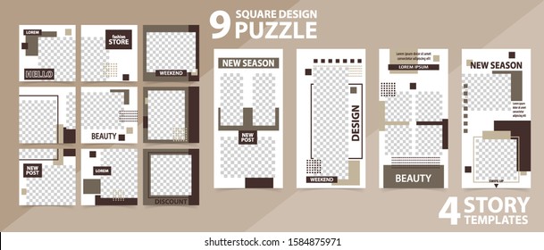 Trendy editable template for social networks stories and posts, vector illustration. Set of story and puzzle post square frame. Mockup for advertising.  Design backgrounds for social media.