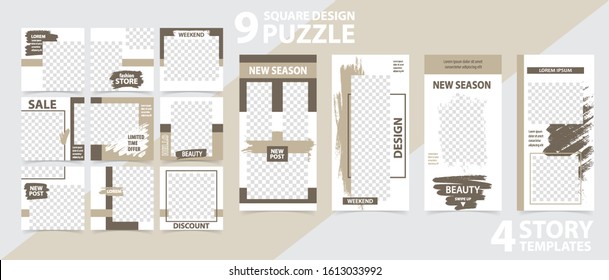 Trendy editable template for social networks stories and posts, vector illustration. Set of story and puzzle post square frame. Mockup for advertising.  Design backgrounds for social media.