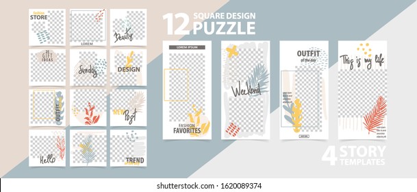 Trendy editable template for social networks stories and posts, vector illustration. Set of story and puzzle post square frame. Mockup for advertising.  Design backgrounds for social media.