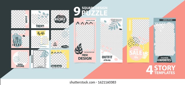 Trendy editable template for social networks stories and posts, vector illustration. Set of story and puzzle post square frame. Mockup for advertising.  Design backgrounds for social media.