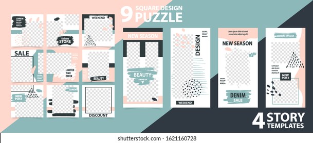 Trendy editable template for social networks stories and posts, vector illustration. Set of story and puzzle post square frame. Mockup for advertising.  Design backgrounds for social media.