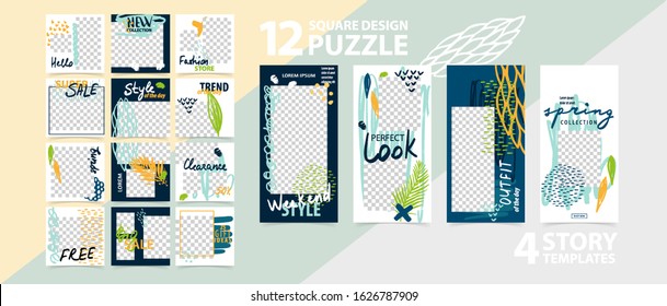 Trendy editable template for social networks stories and posts, vector illustration. Set of story and puzzle post square frame. Mockup for advertising.  Design backgrounds for social media.