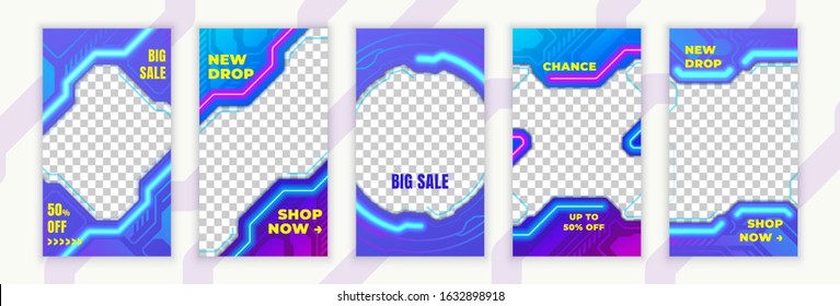 Trendy editable template for social networks stories. Neon futuristic background for your story. Design backgrounds for social media. Vector illustration.