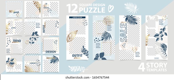 Trendy editable template for social networks stories and posts, vector illustration. Set of story and puzzle post square frame. Mockup for advertising.  Design backgrounds for social media.