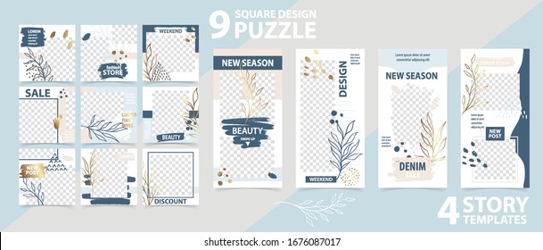 Trendy editable template for social networks stories and posts vector illustration Set of story and puzzle post square frame Mockup for advertising. Design backgrounds for social media