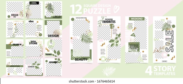 Trendy editable template for social networks stories and posts, vector illustration Set of story and puzzle post square frame Mockup for advertising Design backgrounds for social media.